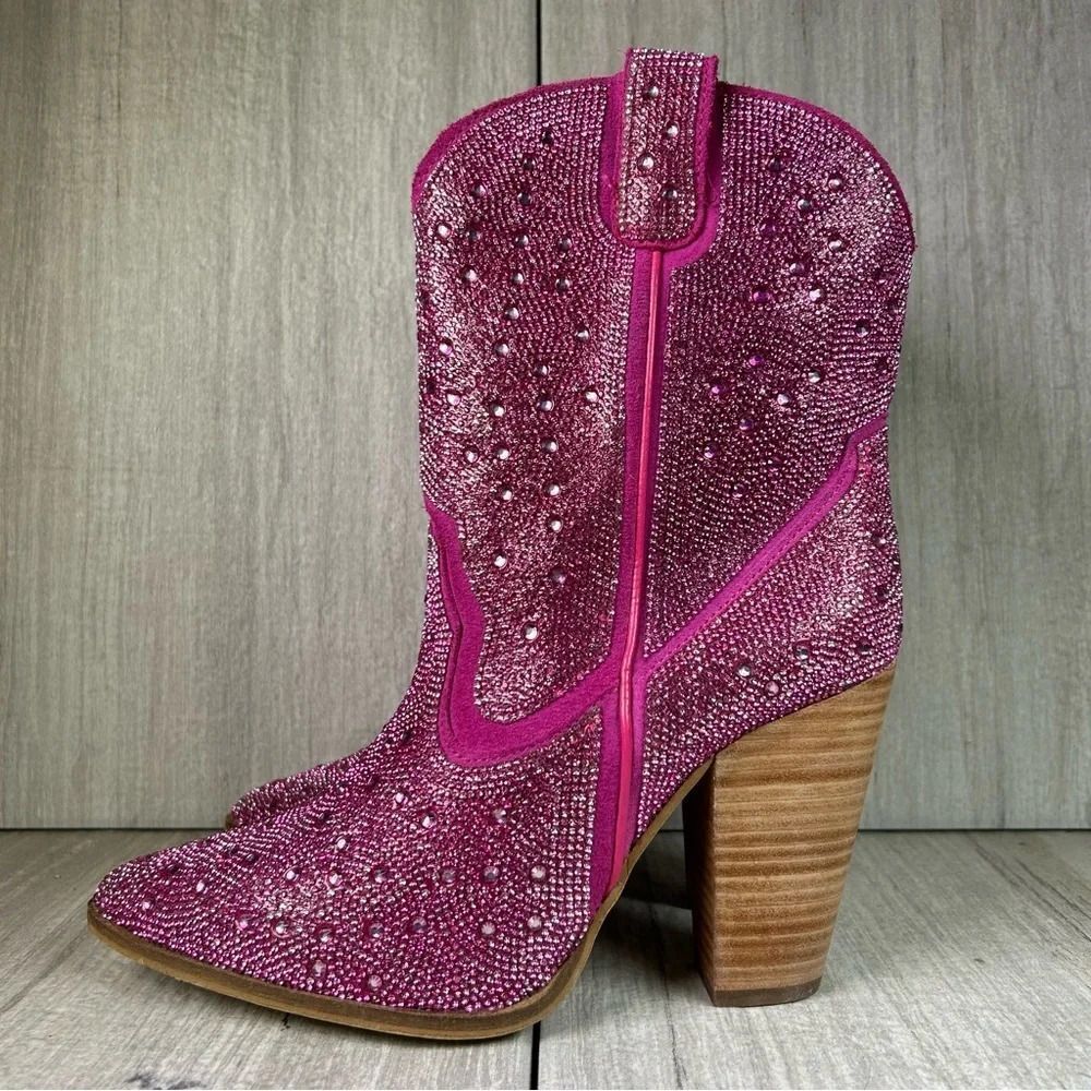 NEW Dingo Neon‎ Moon Rhinestone Heeled Cowboy Western Boot Fuchsia Womens Size 8 - Picture 3 of 10